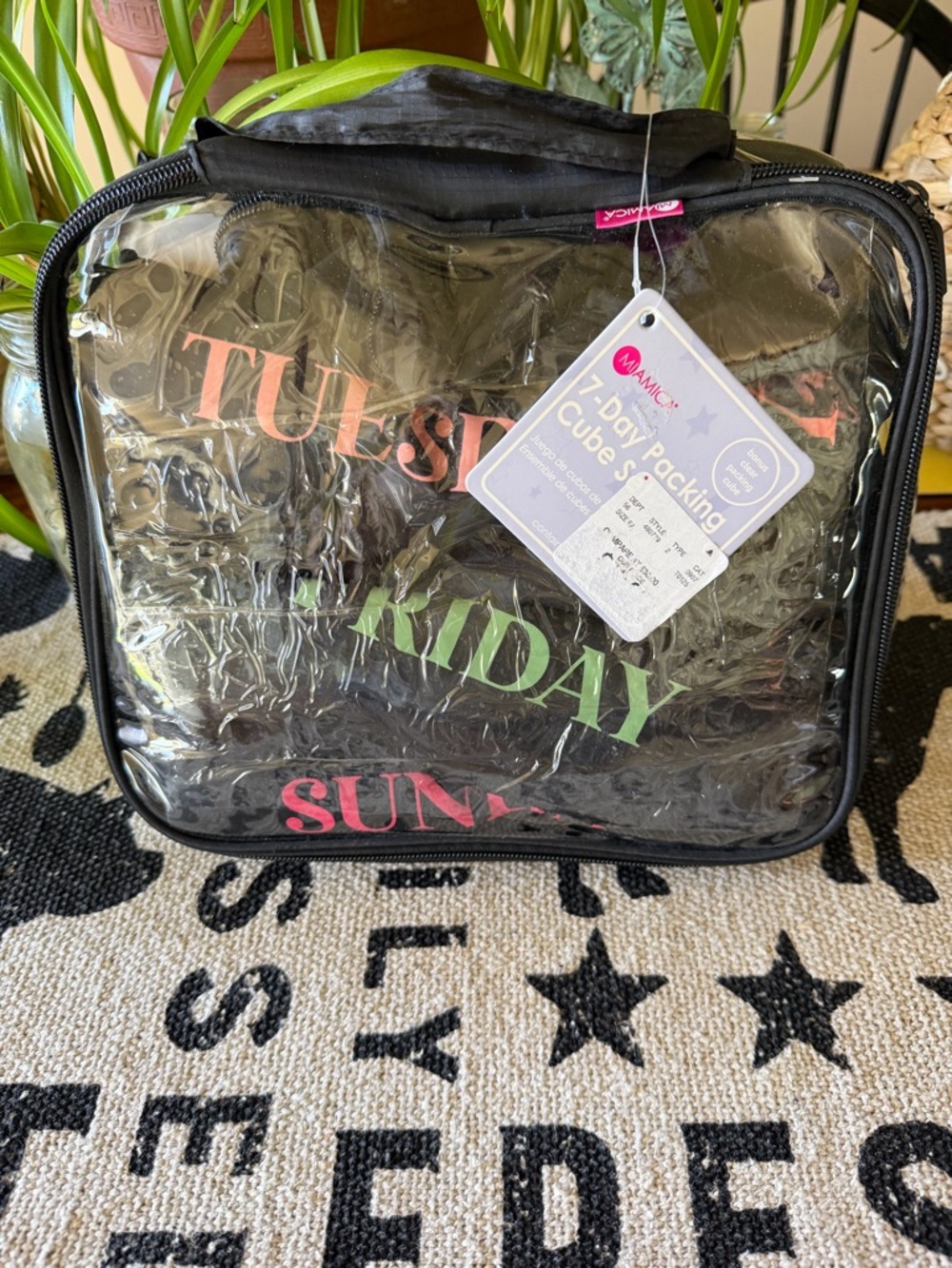 miami Clear 7-Day Packing Cube Set with Pink Logo and Green Text